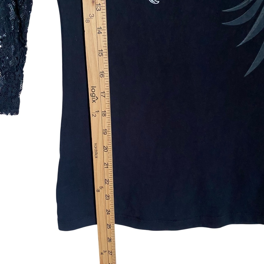 Harley-Davidson Top T-Shirt S Black Graphic Print Lace Sleeves Dark Romantic - Picture 5 of 11
